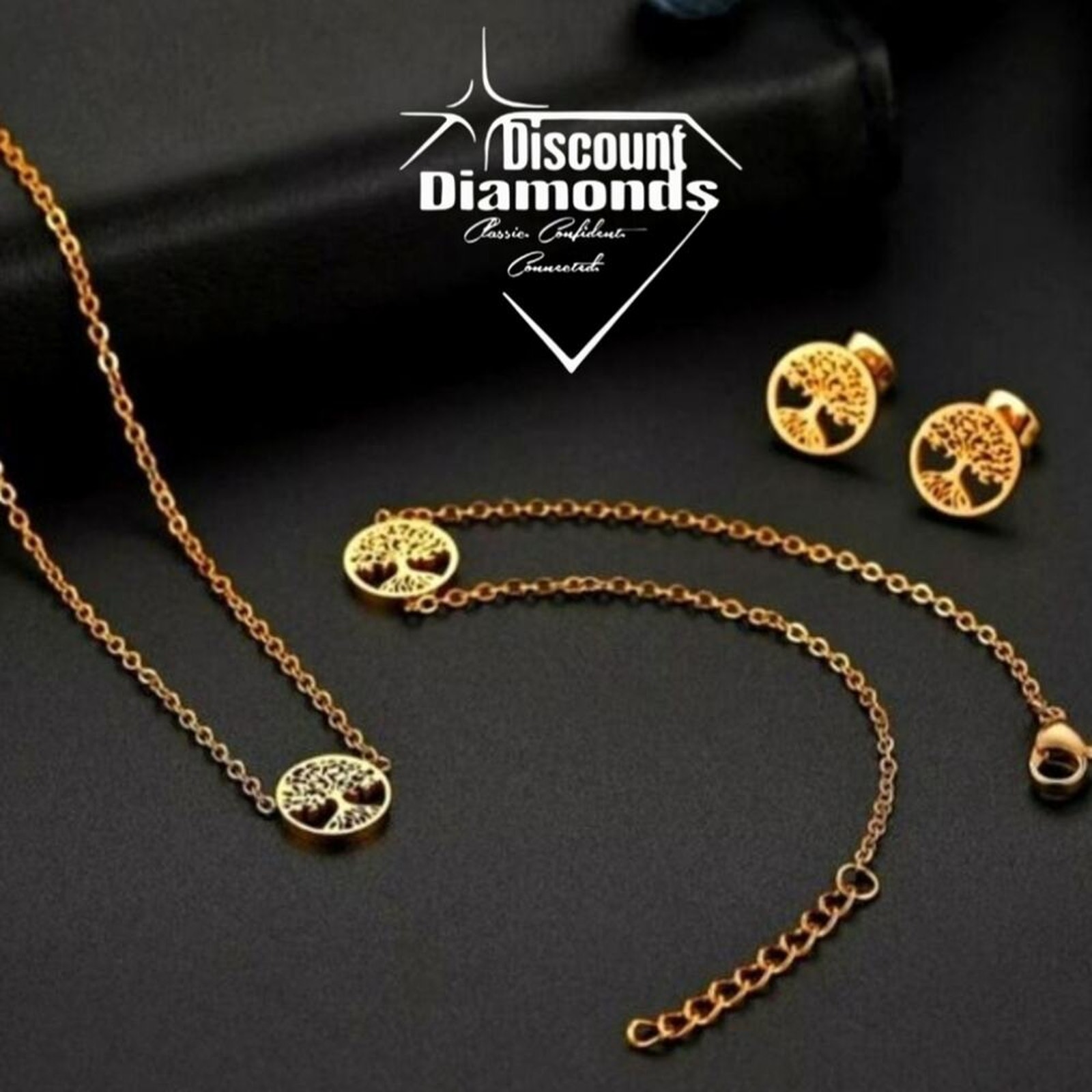 Gold Plated 4 Piece Set Necklace, Bracelet, And Earrings In Stainless Steel